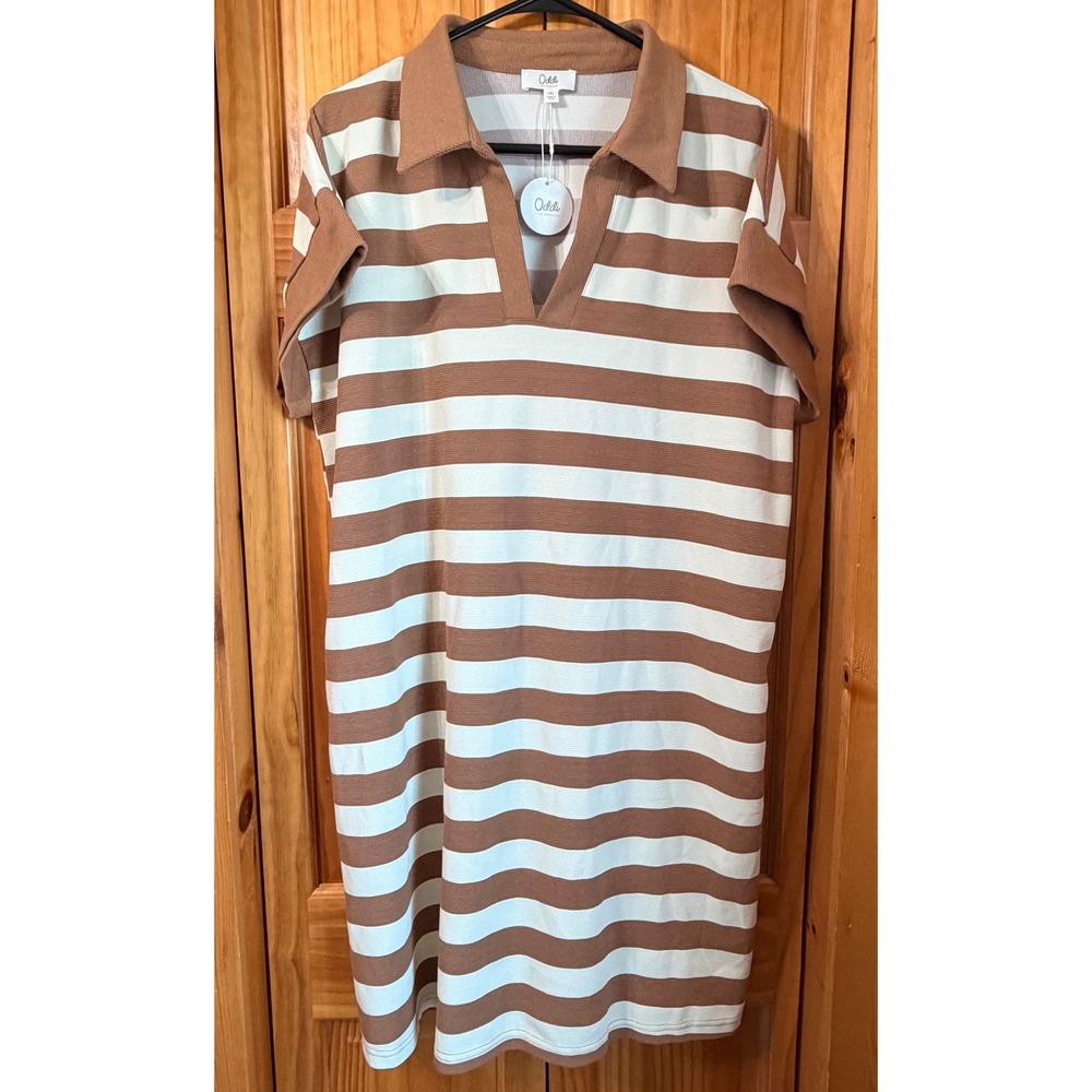 Oddi LA NWT Striped‎ Polo Dress Plus Size 1X Brown Cream Ribbed V-Neck Shift